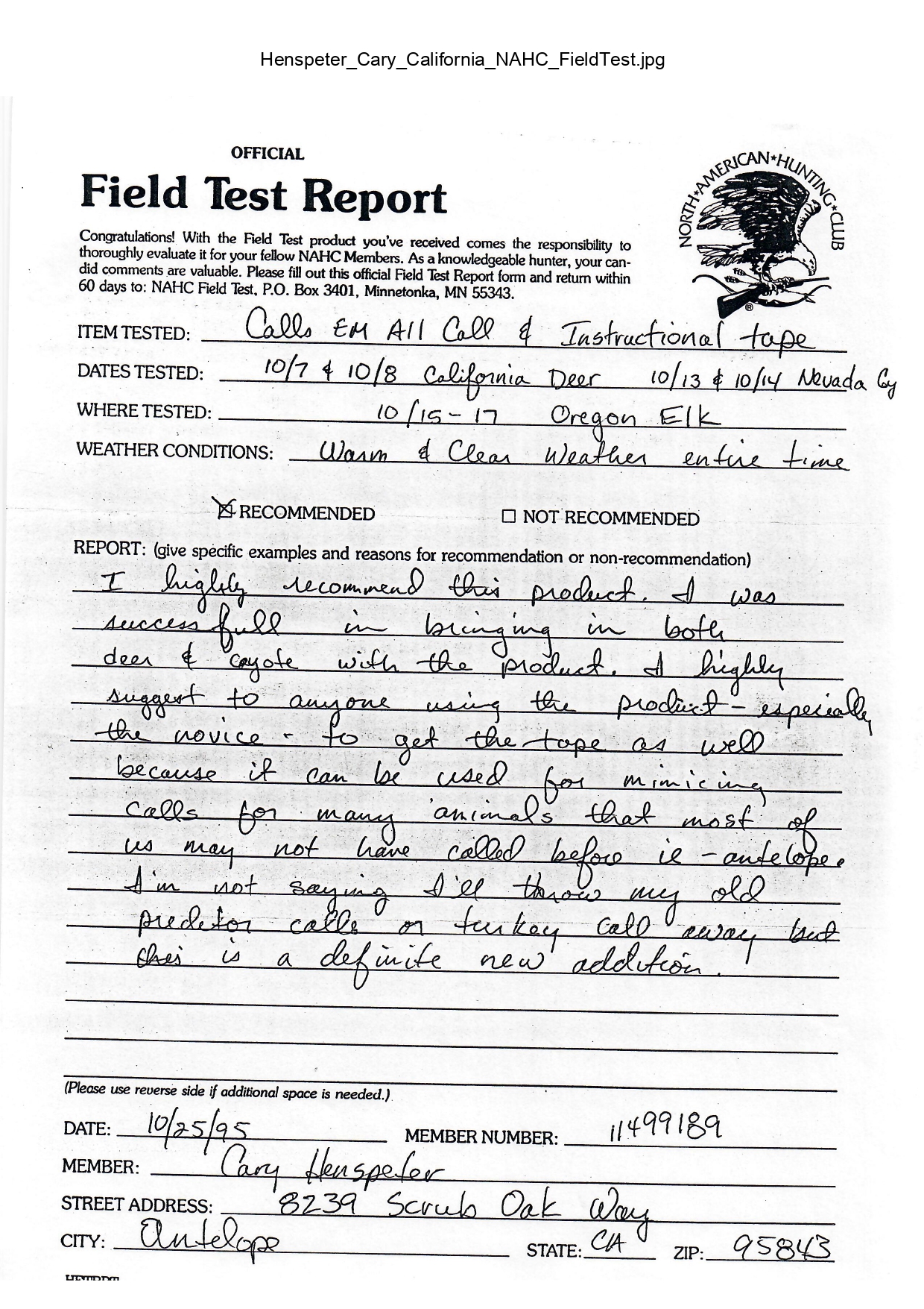 Scanned handwritten official field test report page