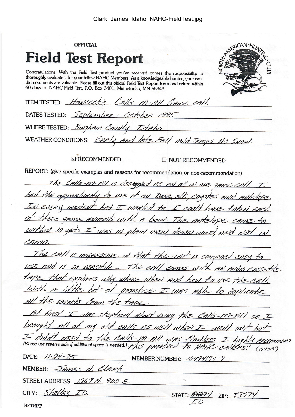 Official field test report, handwritten notes