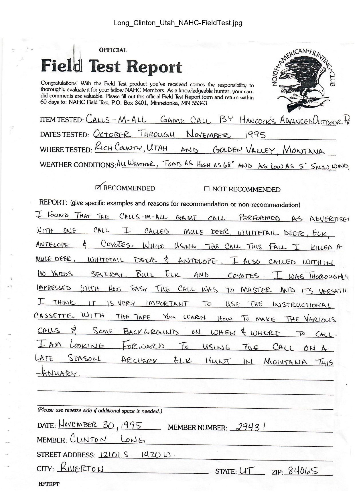 Handwritten official field test report form